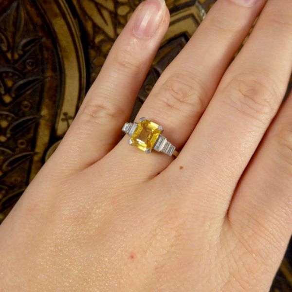 Art Deco Style 2ct Yellow Sapphire and Baguette Cut Diamond Ring