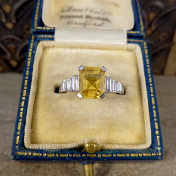 Art Deco Style 2ct Yellow Sapphire and Baguette Cut Diamond Ring