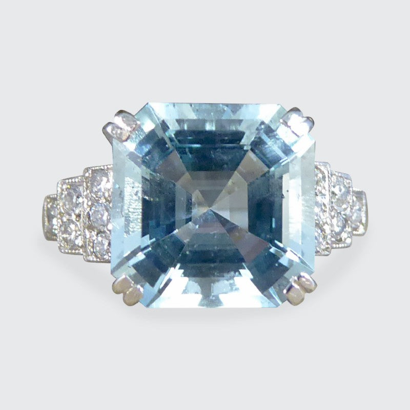 Art Deco Style 3.30ct Asscher Cut Aquamarine and Diamond Ring