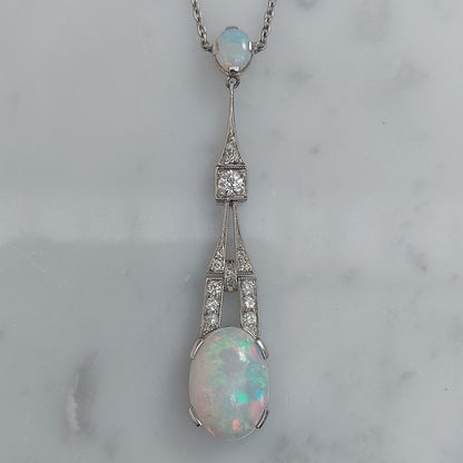 Art Deco Style 4cts Opal and Diamond Pendant Necklace