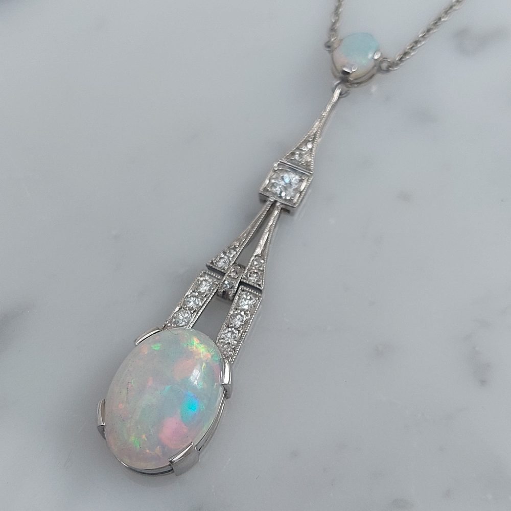 Art Deco Style 4cts Opal and Diamond Pendant Necklace