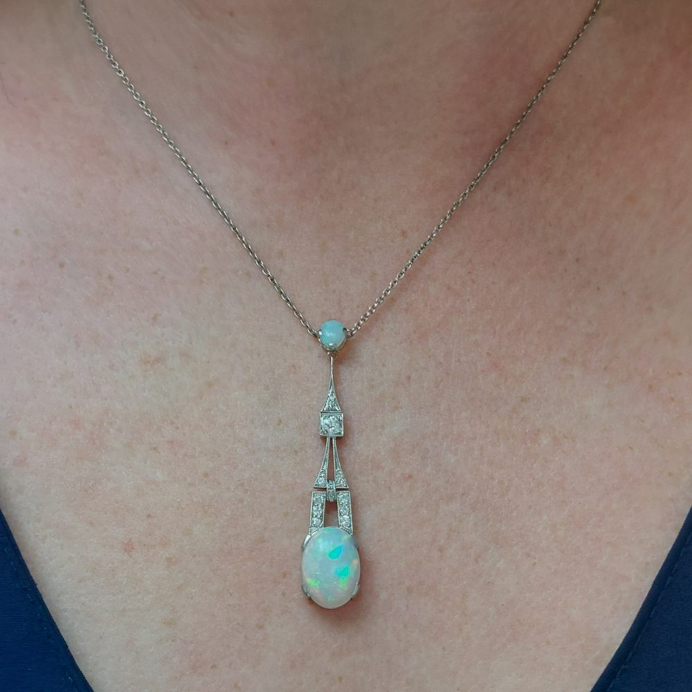 Art Deco Style 4cts Opal and Diamond Pendant Necklace