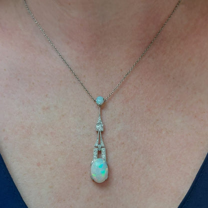 Art Deco Style 4cts Opal and Diamond Pendant Necklace