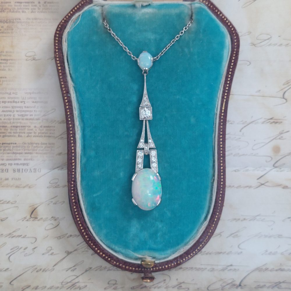 Art Deco Style 4cts Opal and Diamond Pendant Necklace