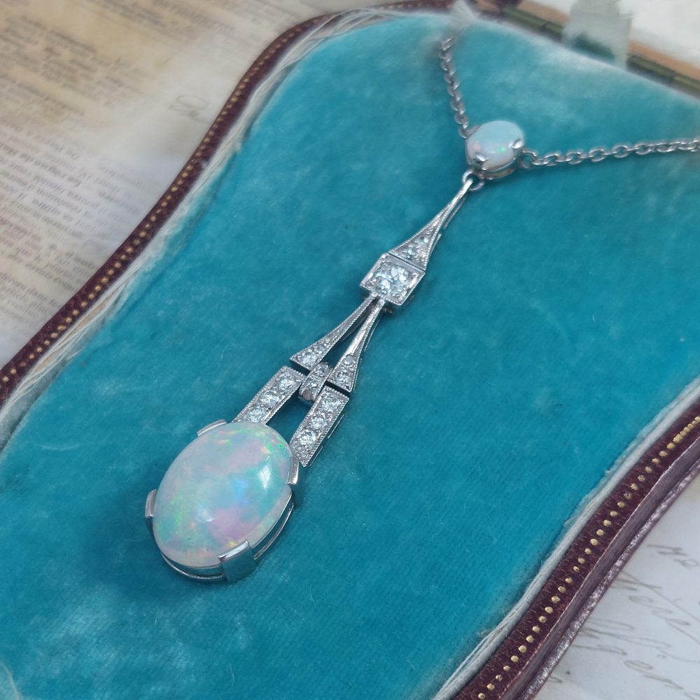 Art Deco Style 4cts Opal and Diamond Pendant Necklace