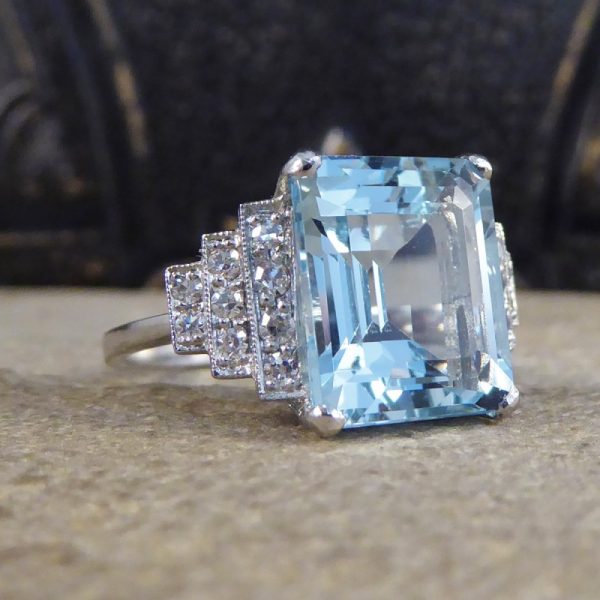 Art Deco Style 5.50ct Aquamarine and Diamond Ring