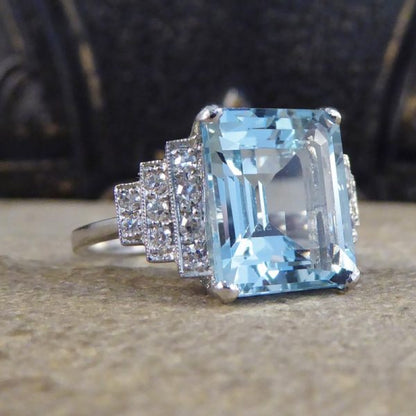 Art Deco Style 5.50ct Aquamarine and Diamond Ring
