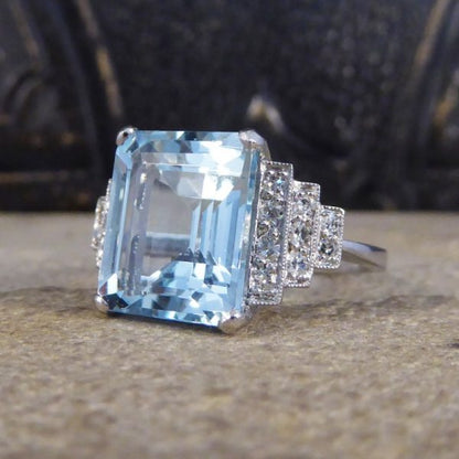 Art Deco Style 5.50ct Aquamarine and Diamond Ring