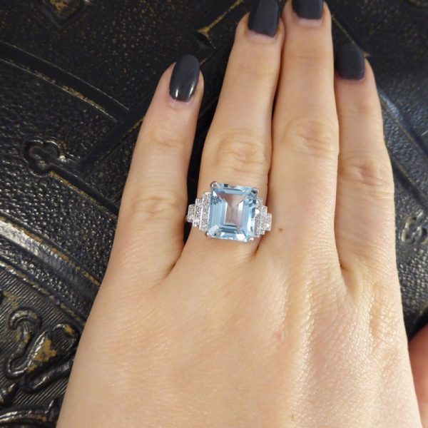 Art Deco Style 5.50ct Aquamarine and Diamond Ring
