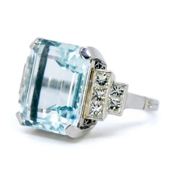 Art Deco Style 9.51ct Aquamarine and Diamond Platinum Ring
