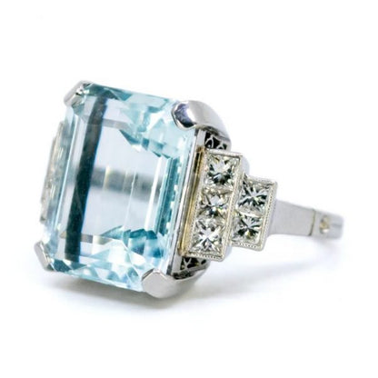 Art Deco Style 9.51ct Aquamarine and Diamond Platinum Ring