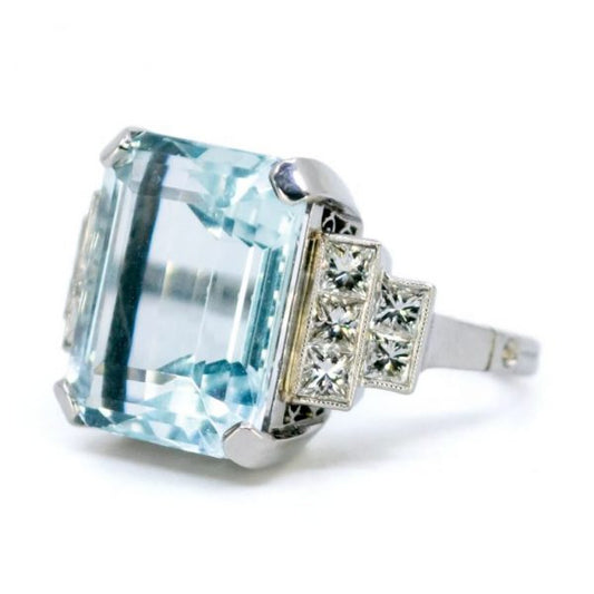 Art Deco Style 9.51ct Aquamarine and Diamond Platinum Ring