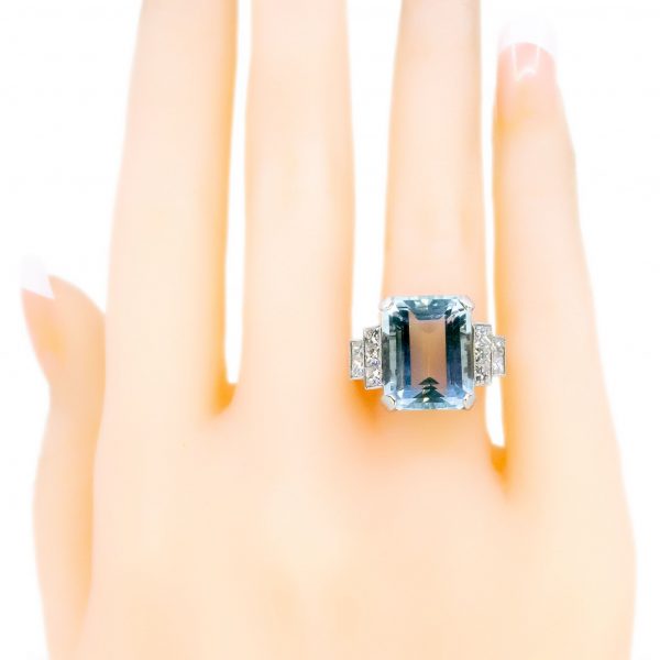 Art Deco Style 9.51ct Aquamarine and Diamond Platinum Ring
