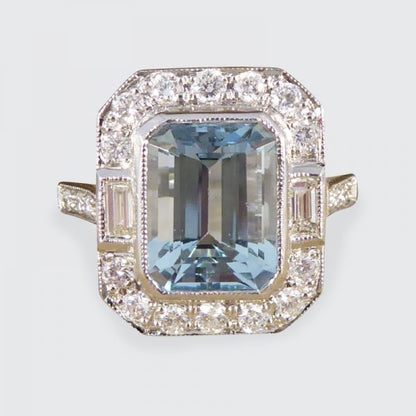 Art Deco Style Aquamarine Diamond Cluster Ring