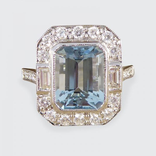 Art Deco Style Aquamarine Diamond Cluster Ring