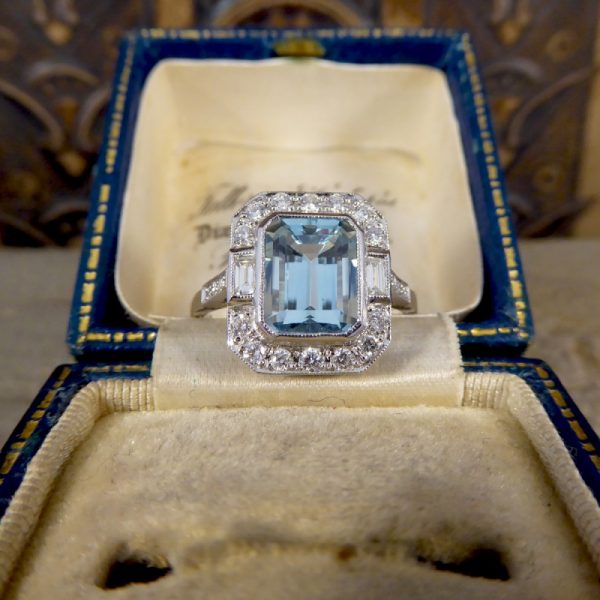 Art Deco Style Aquamarine Diamond Cluster Ring