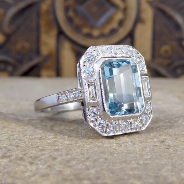 Art Deco Style Aquamarine Diamond Cluster Ring