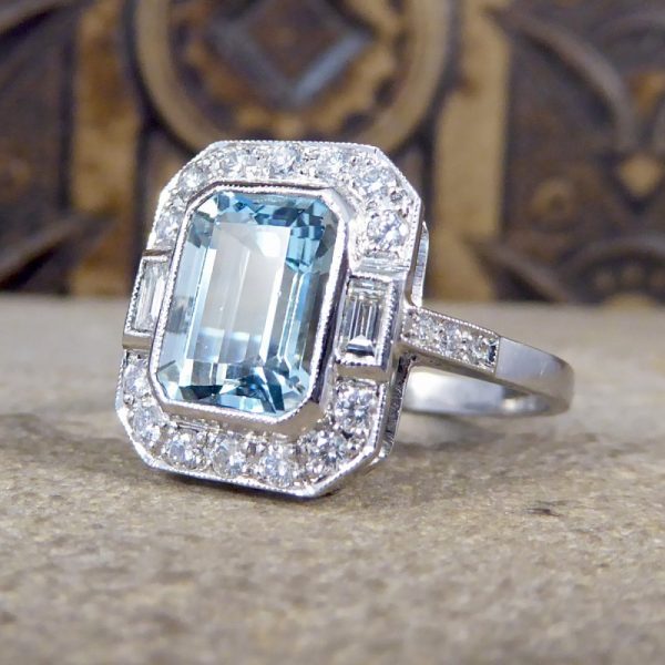 Art Deco Style Aquamarine Diamond Cluster Ring