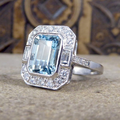 Art Deco Style Aquamarine Diamond Cluster Ring
