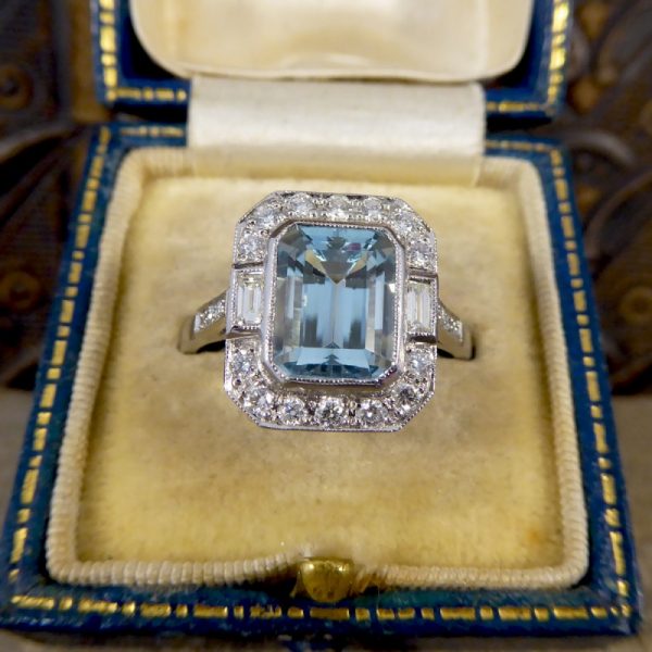 Art Deco Style Aquamarine Diamond Cluster Ring
