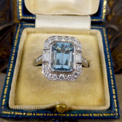 Art Deco Style Aquamarine Diamond Cluster Ring