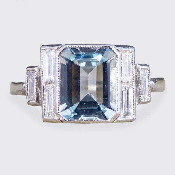 Art Deco Style Aquamarine and Diamond Platinum Ring