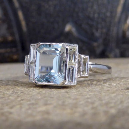 Art Deco Style Aquamarine and Diamond Platinum Ring