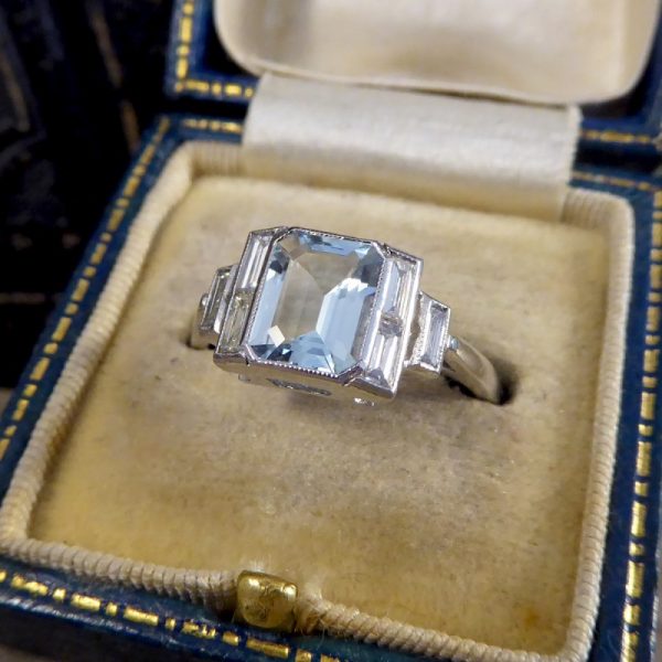 Art Deco Style Aquamarine and Diamond Platinum Ring