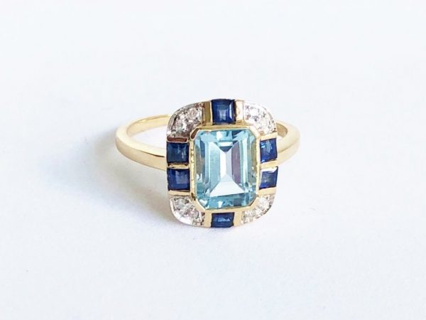Art Deco Style Blue Topaz Sapphire Diamond Ring