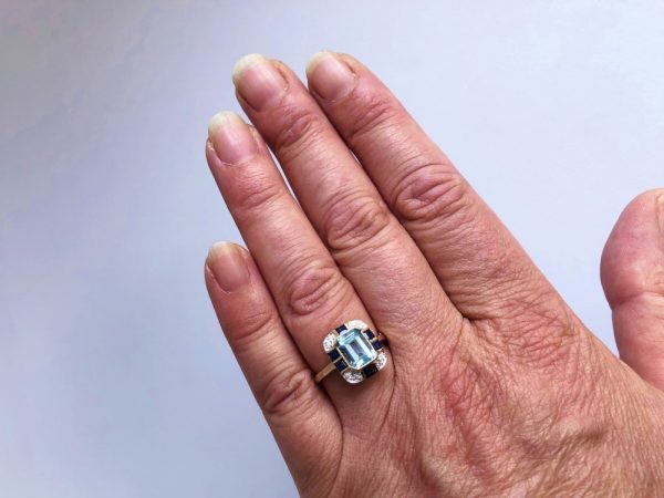 Art Deco Style Blue Topaz Sapphire Diamond Ring