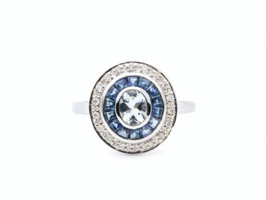 Art Deco Style Blue Topaz Sapphire Diamond Target Ring