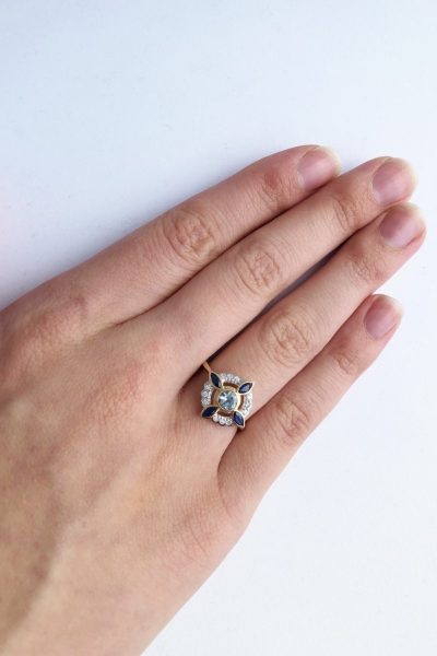 Art Deco Style Blue Topaz, Sapphire and Diamond Cluster Ring