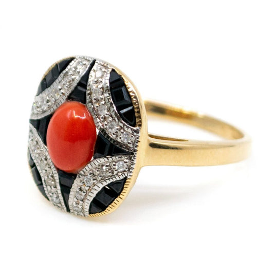 Art Deco Style Coral Onyx and Diamond Ring