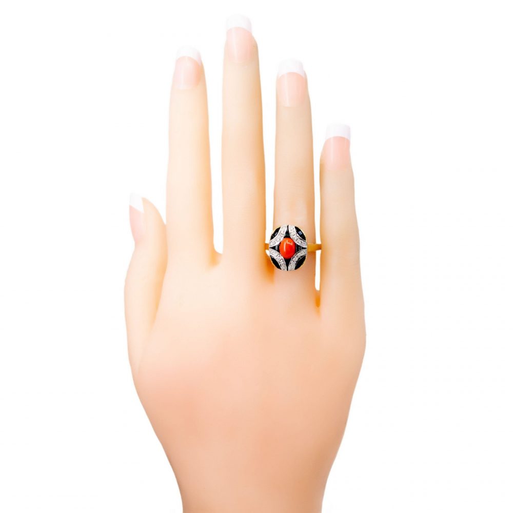 Art Deco Style Coral Onyx and Diamond Ring