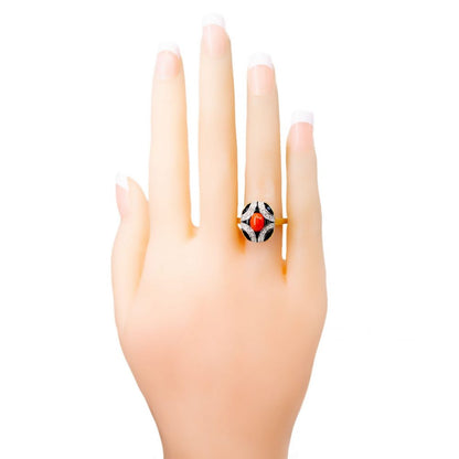 Art Deco Style Coral Onyx and Diamond Ring