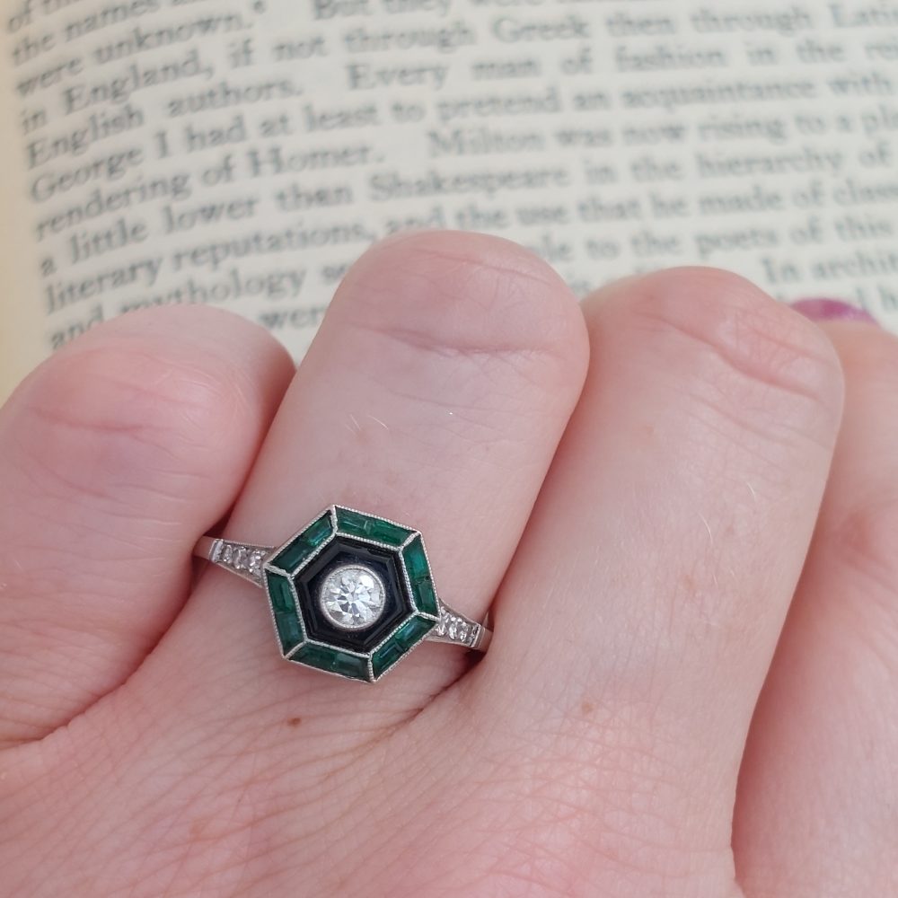Vintage Emerald Diamond and Onyx Target Ring, Platinum