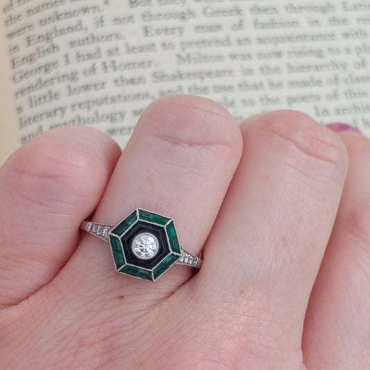 Vintage Emerald Diamond and Onyx Target Ring, Platinum