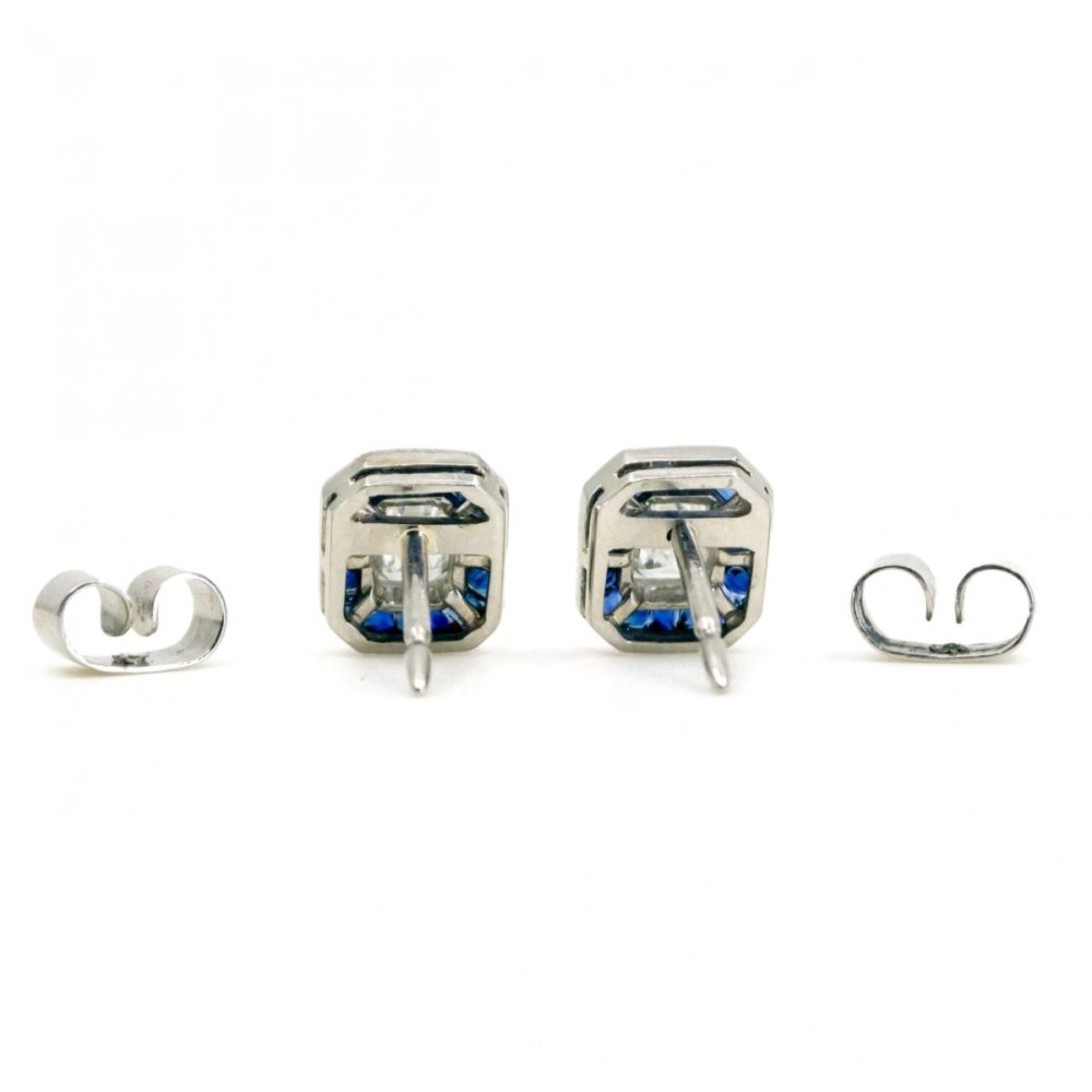 Art Deco Style Diamond Sapphire Cluster Platinum Earrings