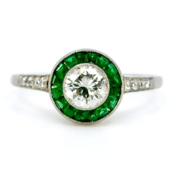Art Deco Style Diamond and Emerald Target Cluster Platinum Ring