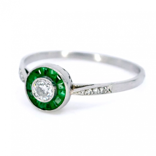 Art Deco Style Diamond and Emerald Target Cluster Ring