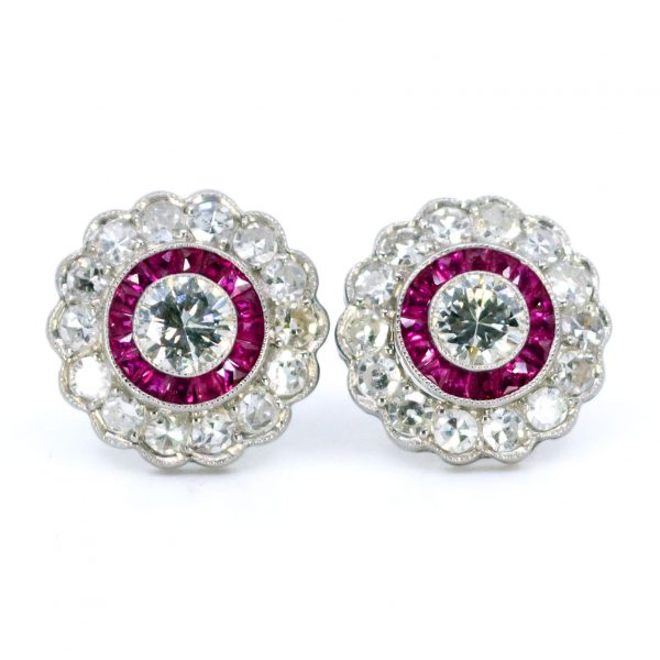 Art Deco Style Diamond and Ruby Target Cluster Earrings