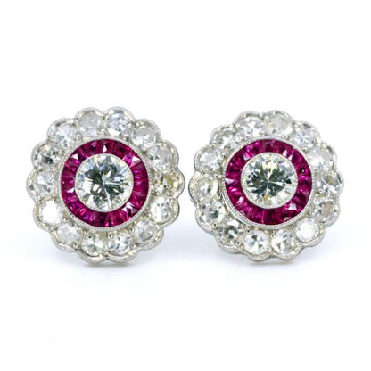 Art Deco Style Diamond and Ruby Target Cluster Earrings