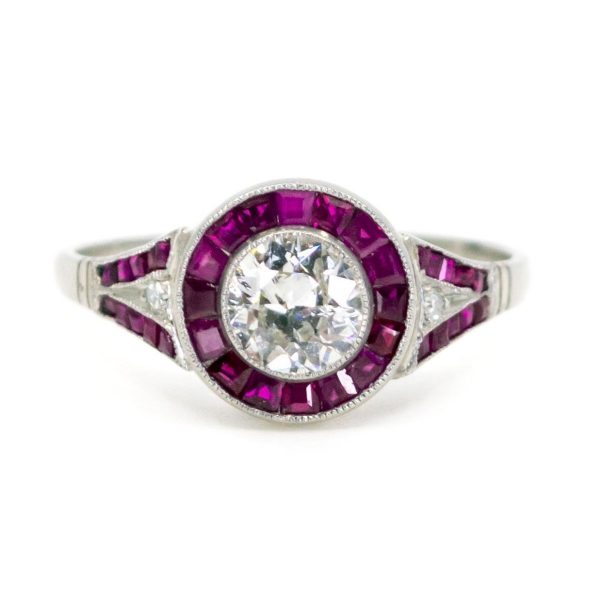 Art Deco Style Diamond and Ruby Target Cluster Platinum Ring