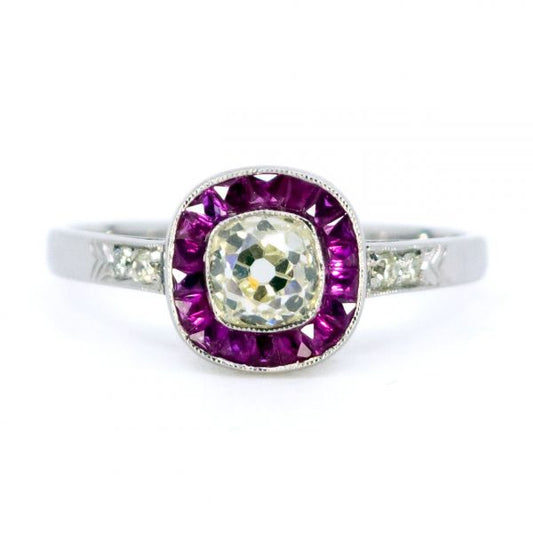 Art Deco Style Diamond and Ruby Target Cluster Platinum Ring