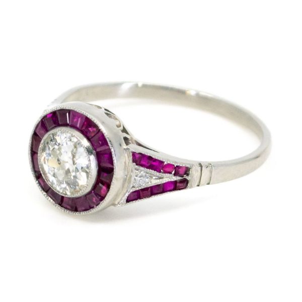 Art Deco Style Diamond and Ruby Target Cluster Platinum Ring