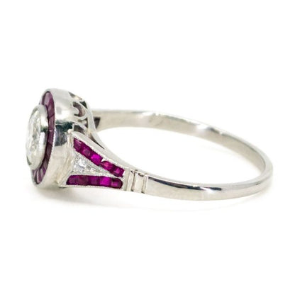 Art Deco Style Diamond and Ruby Target Cluster Platinum Ring
