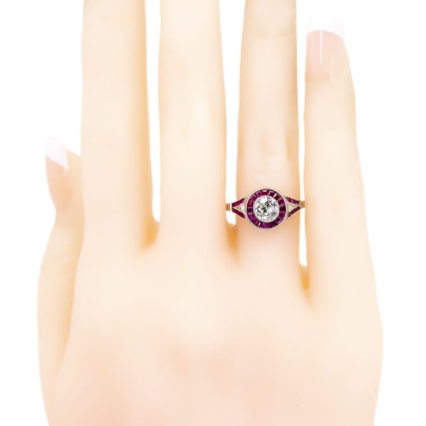 Art Deco Style Diamond and Ruby Target Cluster Platinum Ring