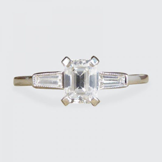 Art Deco Style Emerald Cut Diamond Ring with Baguette Cut Shoulders