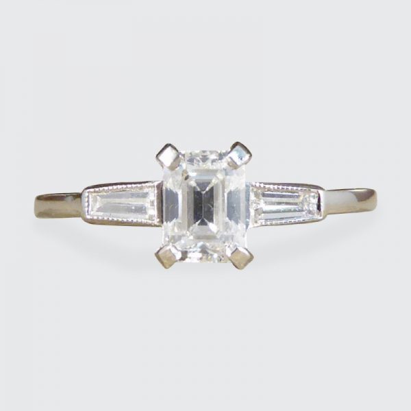 Art Deco Style Emerald Cut Diamond Ring with Baguette Cut Shoulders