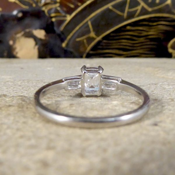 Art Deco Style Emerald Cut Diamond Ring with Baguette Cut Shoulders